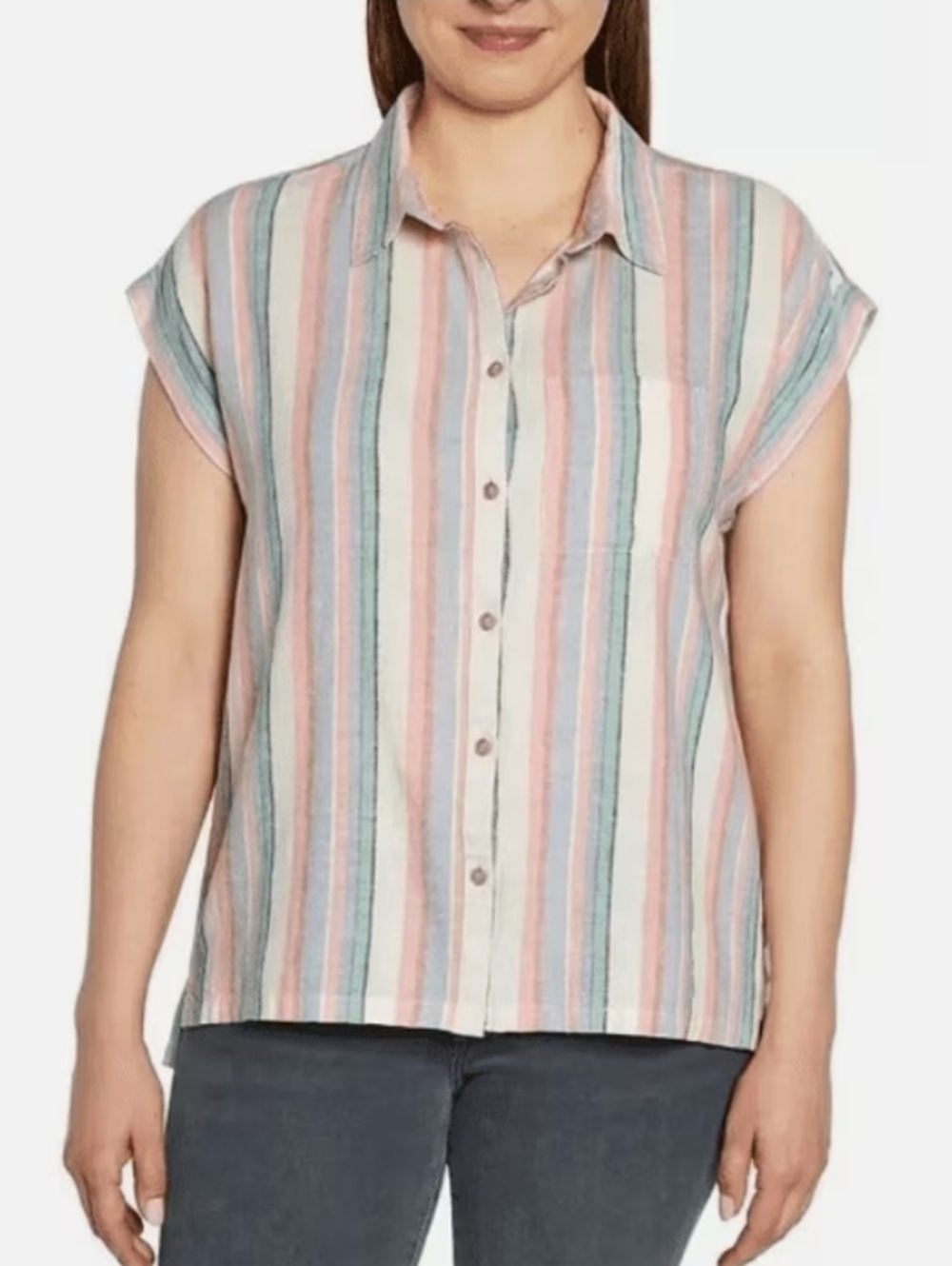 Orvis Linen Blend Sleeveless Button Front Striped Shirt Pink Blue Green Large